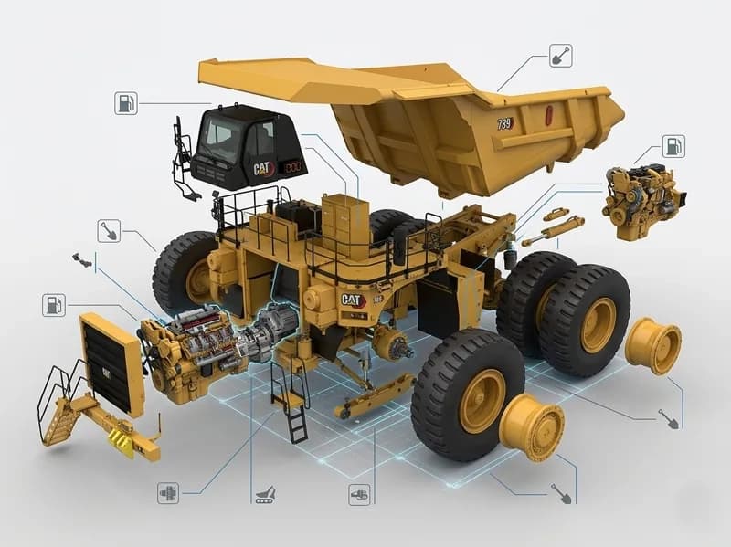 Modelo 3D de camión minero con componentes descompuestos