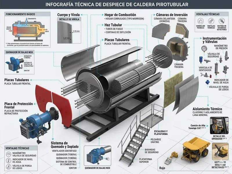 Infografía técnica de despiece de una caldera pirotubular